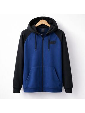 Nike Dri-Fit full zip hoodie in blue and black with front pockets and adjustable